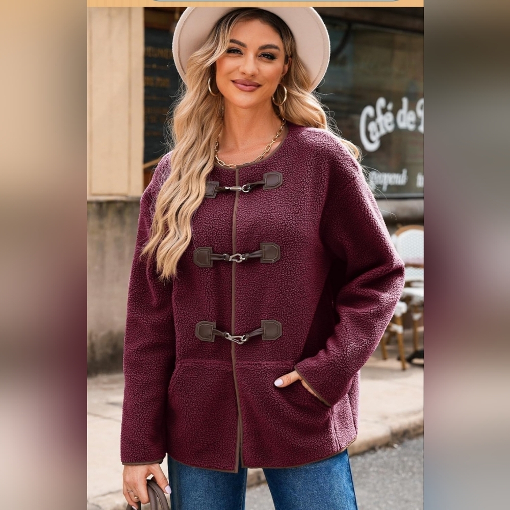 Women's Plush Plum Teddy Jacket with Toggle Closures
